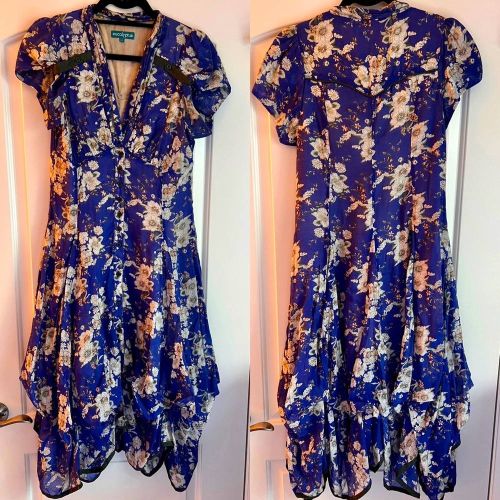 MODCLOTH Tiered blue floral dress, size S